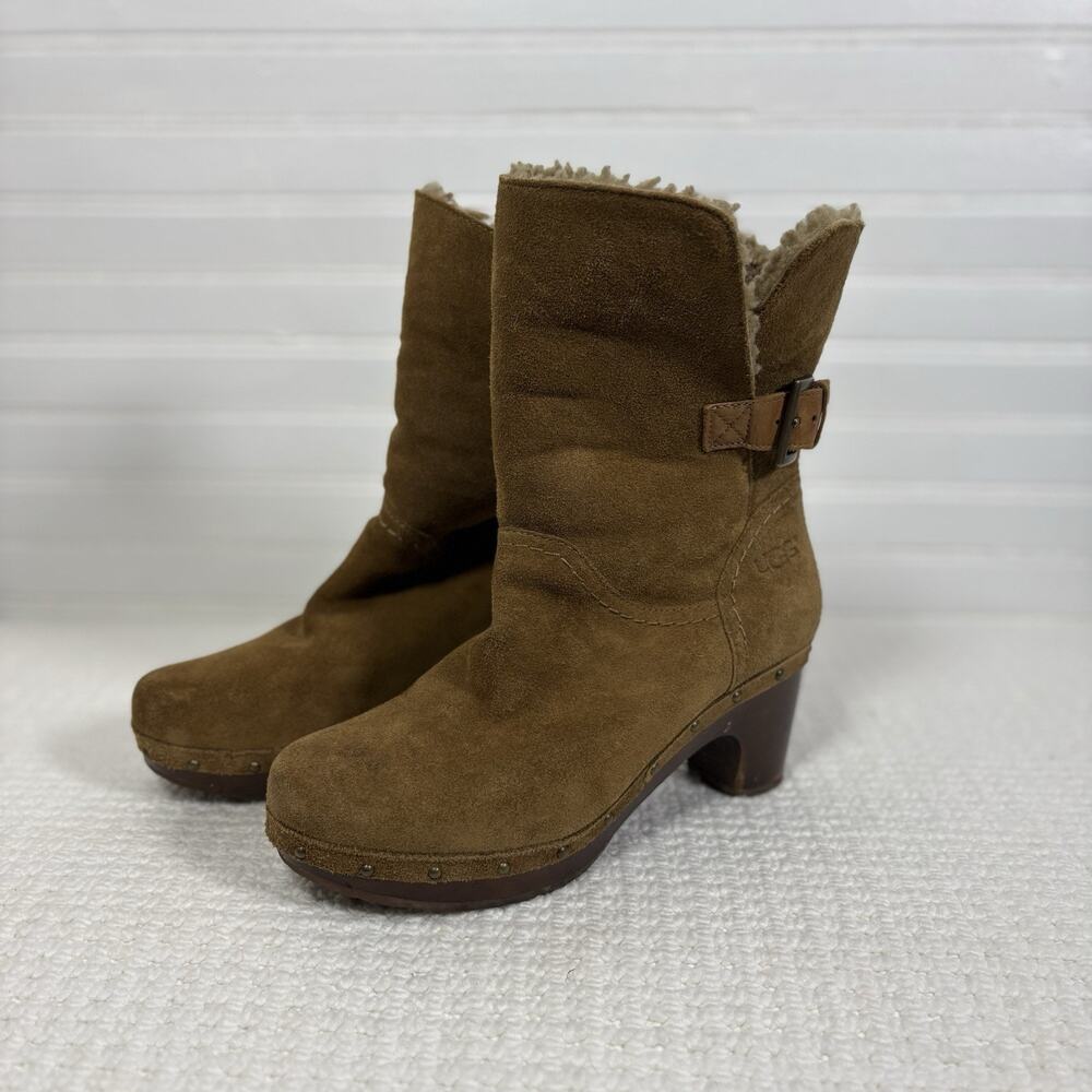 UGG Amoret Suede Shearling Clog Boots Chestnut Heel Studded 7